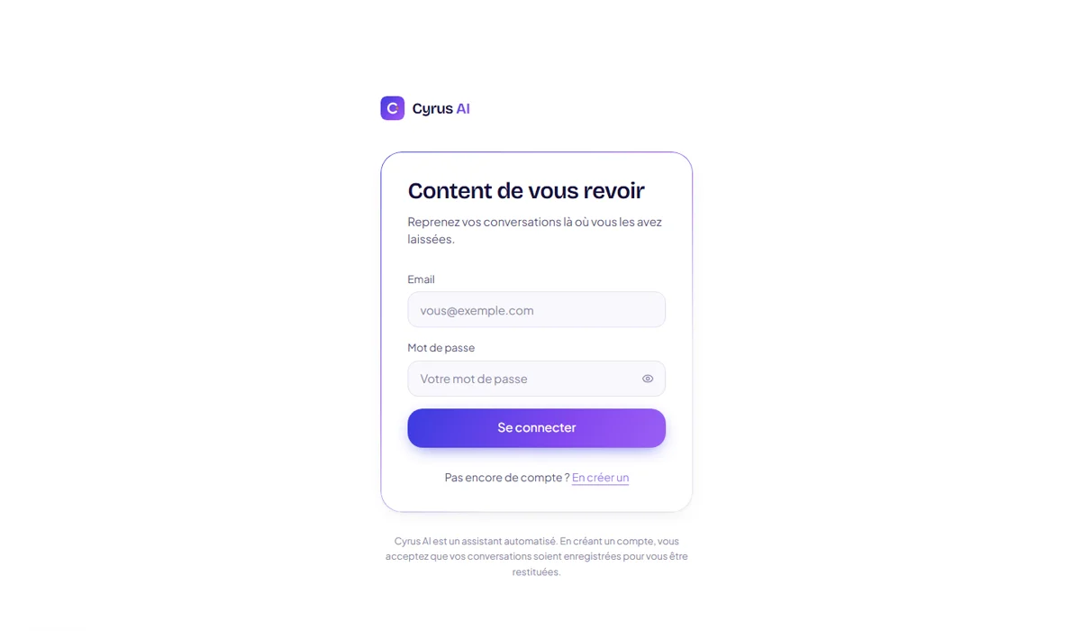 Page de connexion de Cyrus AI