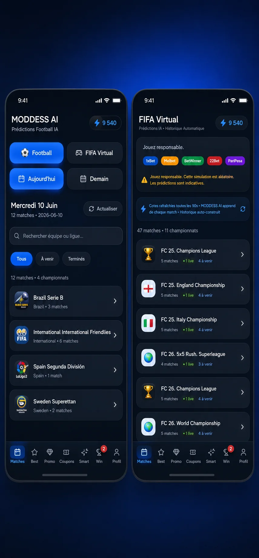 Moddess AI : matchs du jour et FIFA virtuel